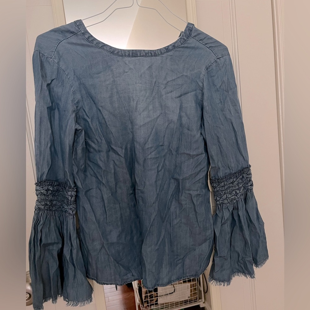 Altar’d State Blue Chambray Top with Bell Sleeves